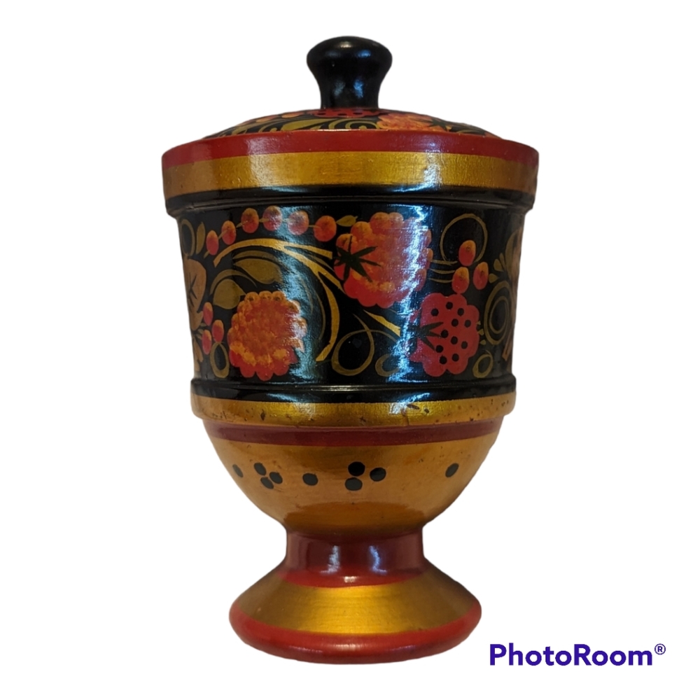 Russian Khokhloma hand painted wood covered dish